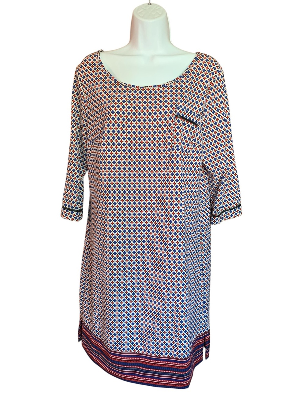 Merona Navy and Red Geometric 3/4 sleeve Shift Dress